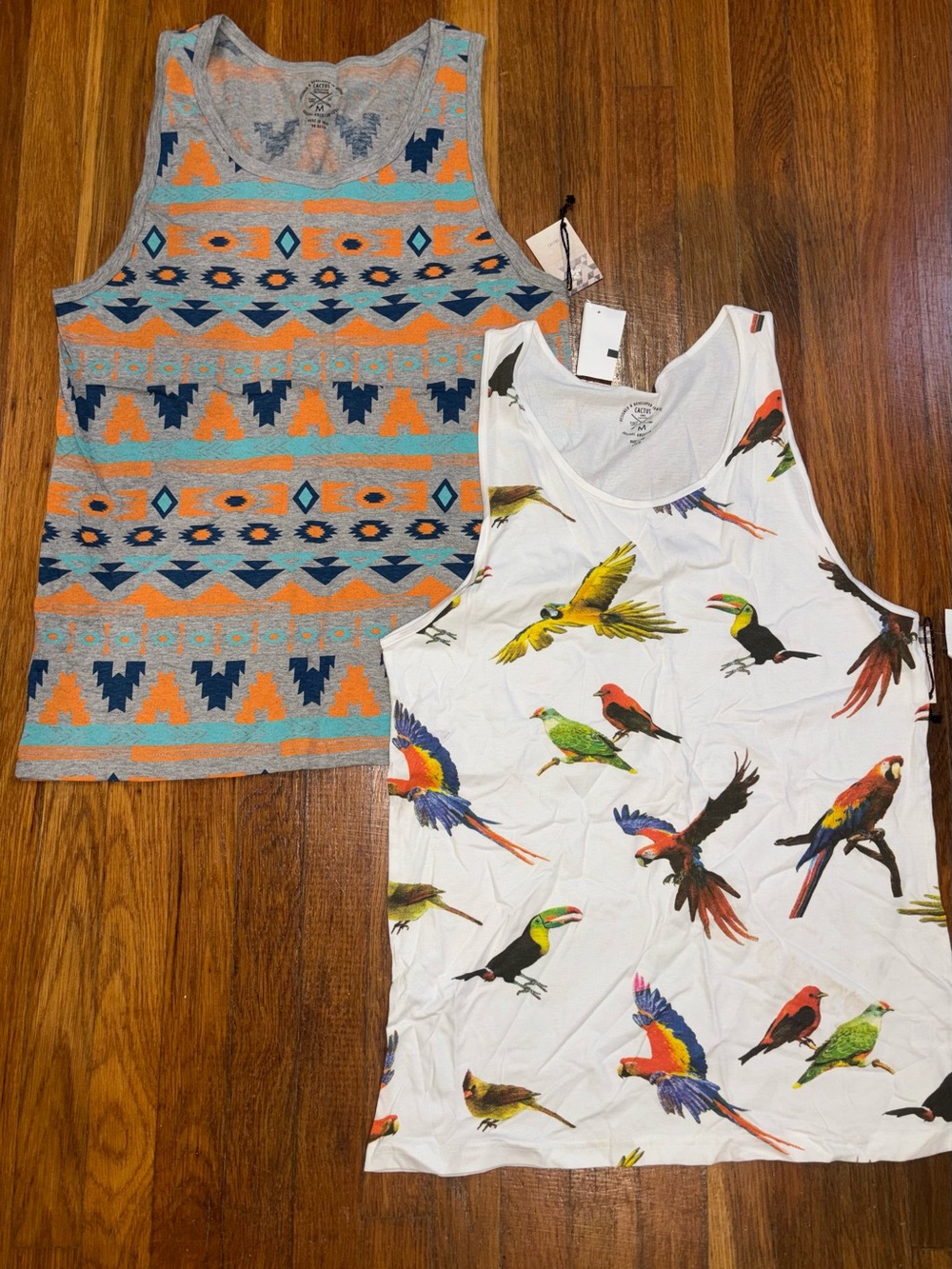 Cactus White Tank Top with Multicolor Parrot Print